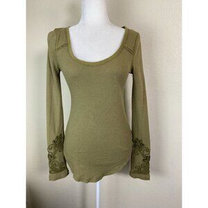 Free People Masquerade Cuff Thermal Sweater Size Small Olive Green Waffle Knit
